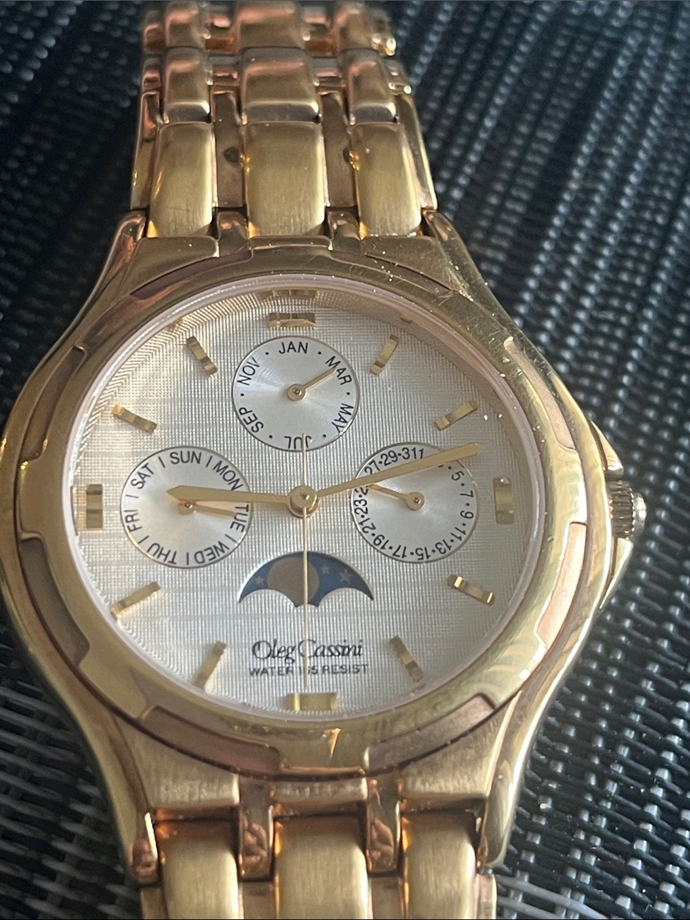 Oleg Cassini Gold and White Moonphase Multi-Function Dress Watch